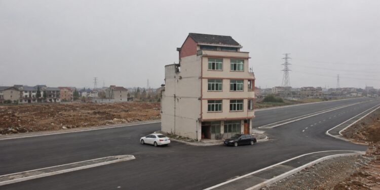 Residential House In The Middle Of Major Highway In China.